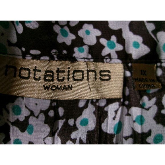 Notations Blouse Womens 1X Black Teal White Floral Short Sleeve Button Flowy - Picture 6 of 10
